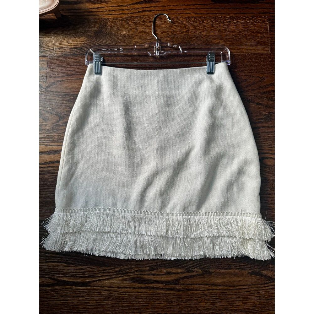 Fashion Union Cream Fringe Mini Skirt XS Textured Tiered Hem